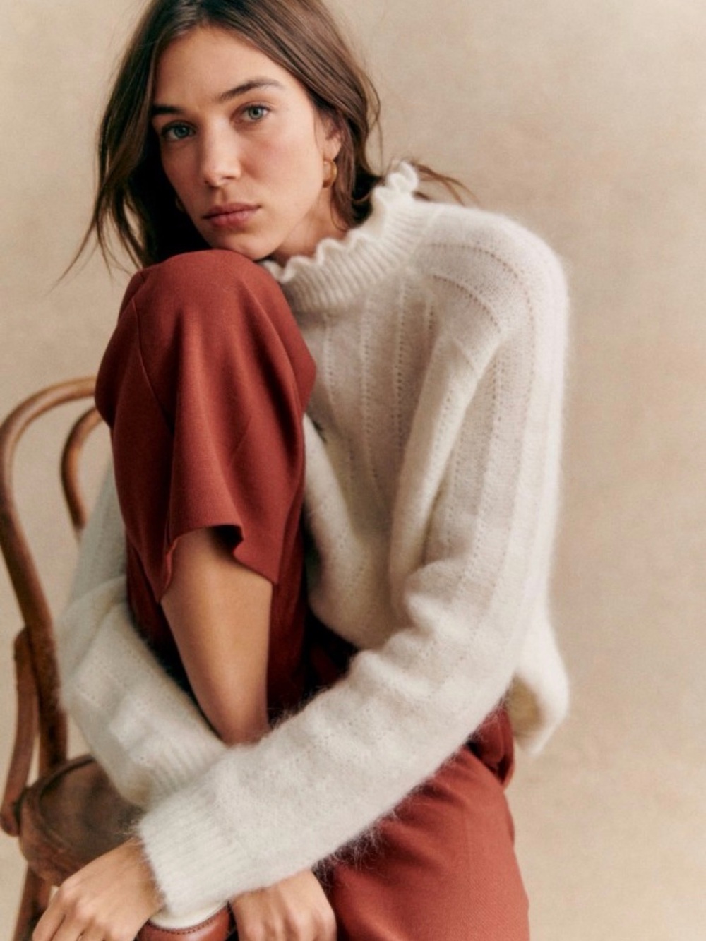 Sézane Loris Ruffle Mock Neck Mohair Sweater Ecru Size S